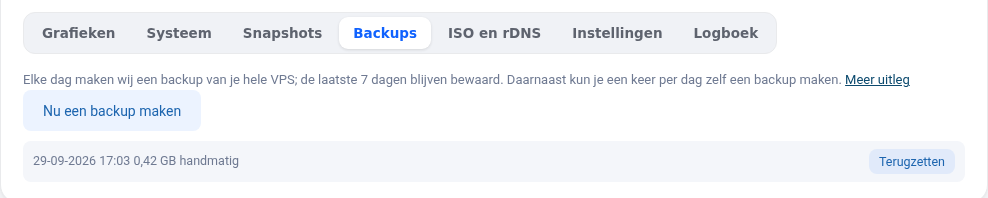 Η καρτέλα Backups με Δημιουργία backup τώρα και Επαναφορά